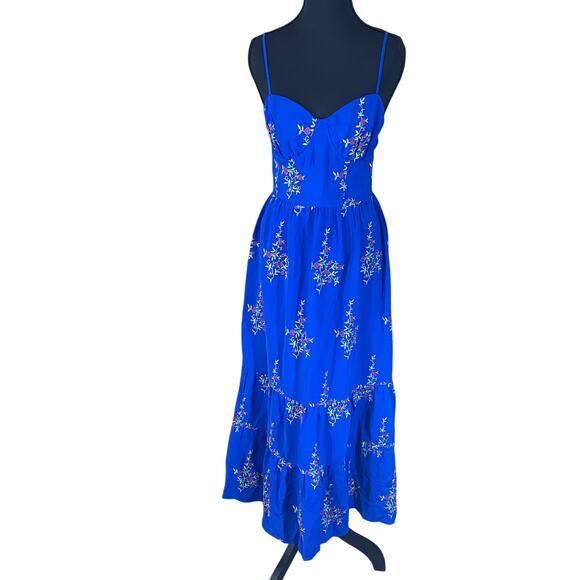 Betsey Johnson Blue Embroidered Maxi Dress Spaghetti Strap Boho Y2K Festival Med - Picture 1 of 9